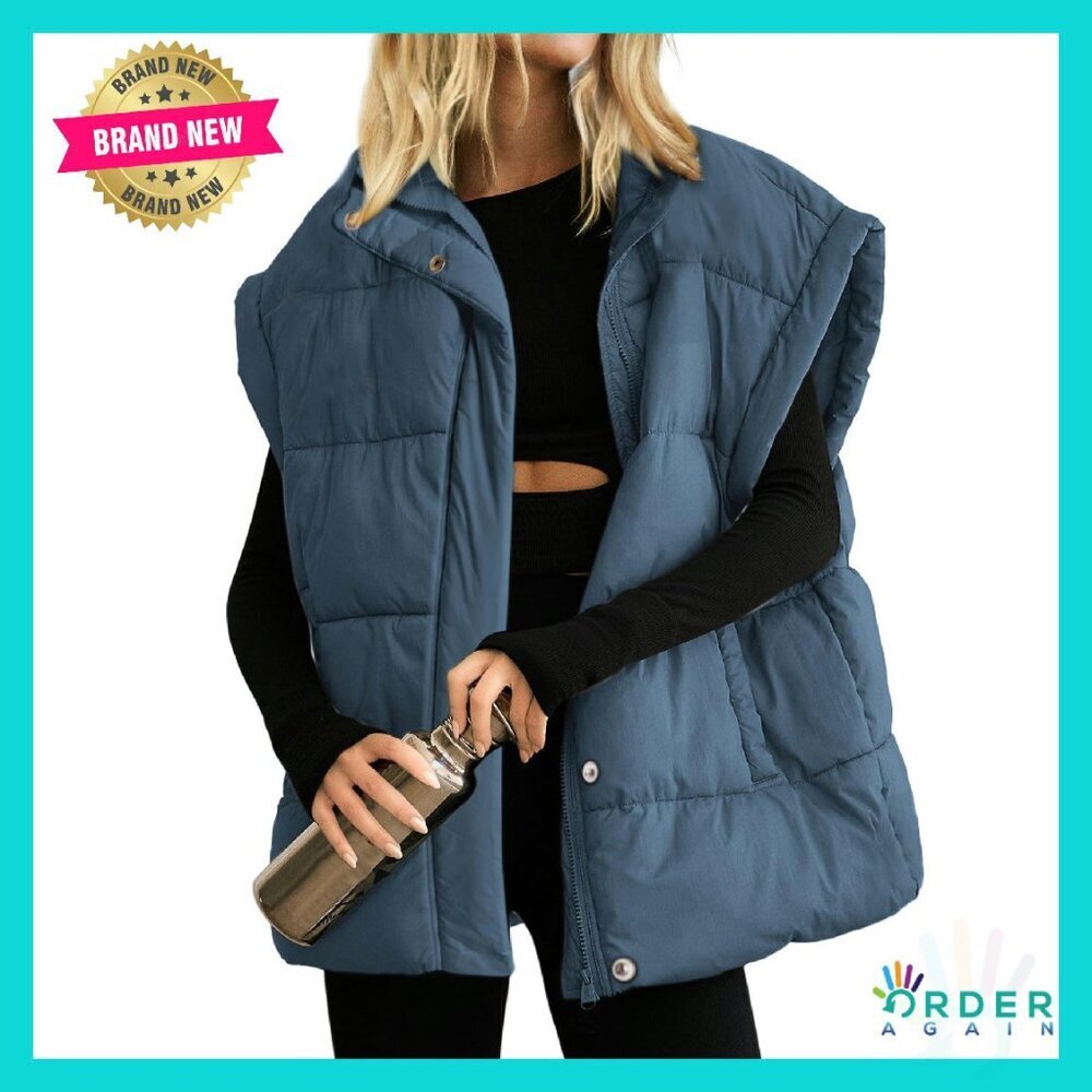 Oversized Puffer Vest Stand Collar Full Zip Sleeveless Quilted Warm Coat - Picture 1 of 7